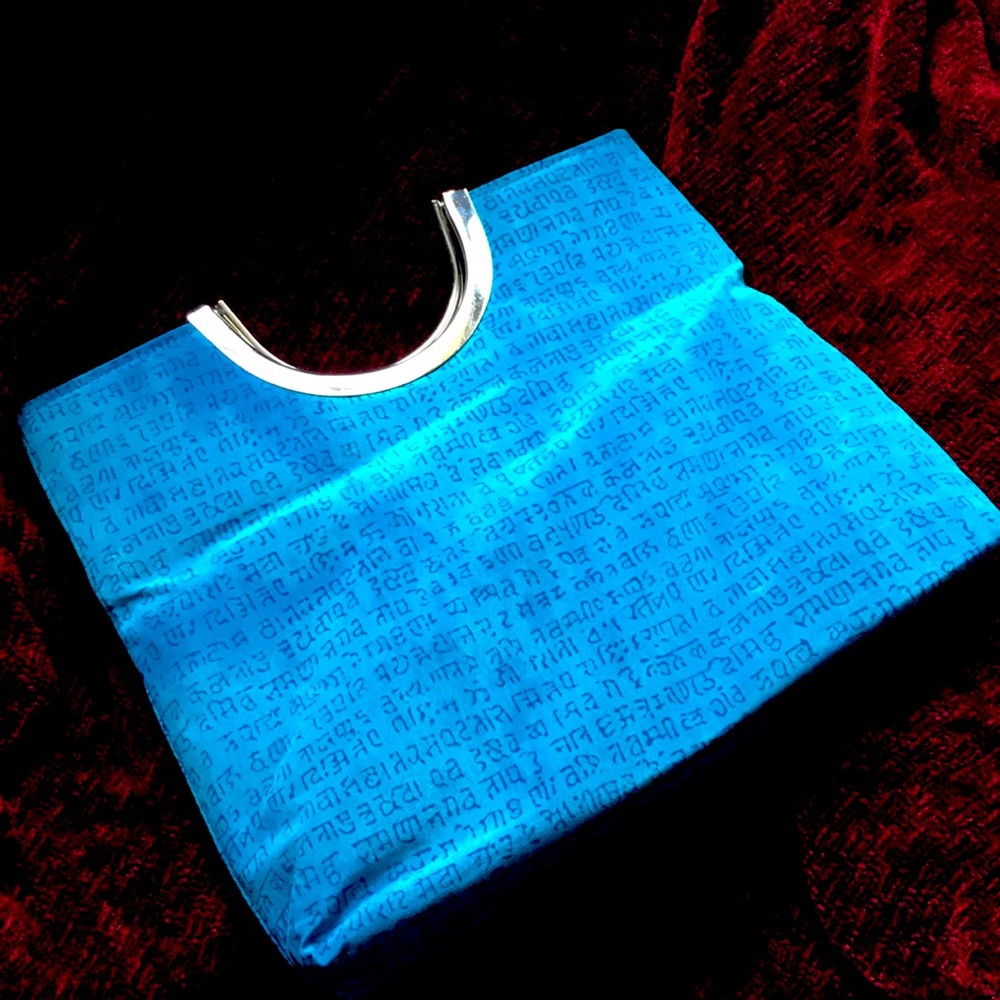 blue clutch w/ hindi print
